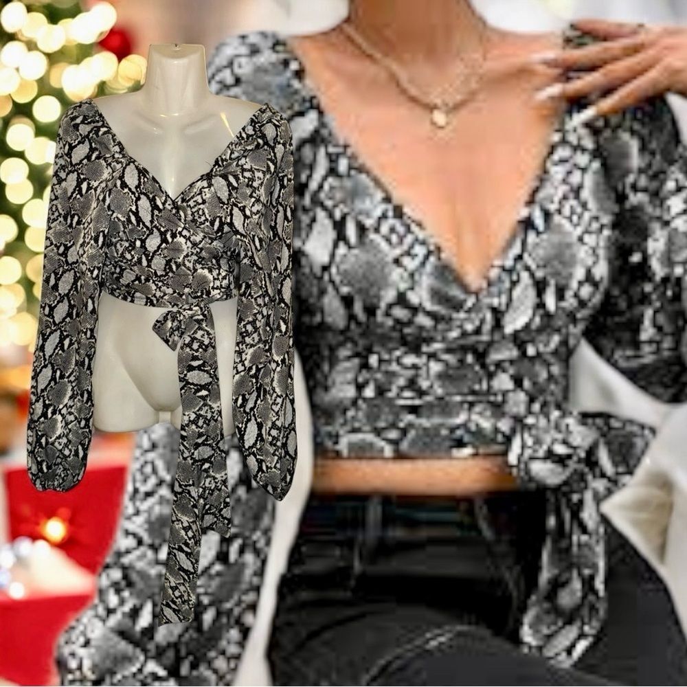 SHEIN Top Blouse Gray Deep V Reptile Print Bishop Sleeve Crop Wrap Tie Size L 🍭 - Picture 8 of 15